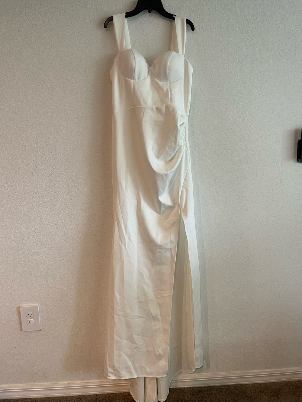 Elegant White Bustier Maxi Dress with Draped Side and Thigh Slit